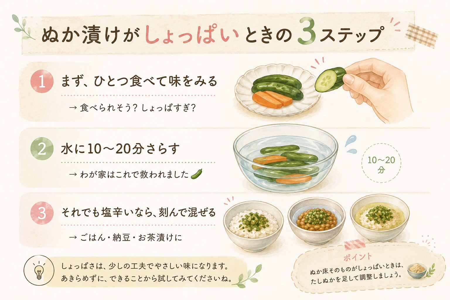 ぬか漬けがしょっぱいときの3ステップ 味をみる・水にさらす・刻んで混ぜる