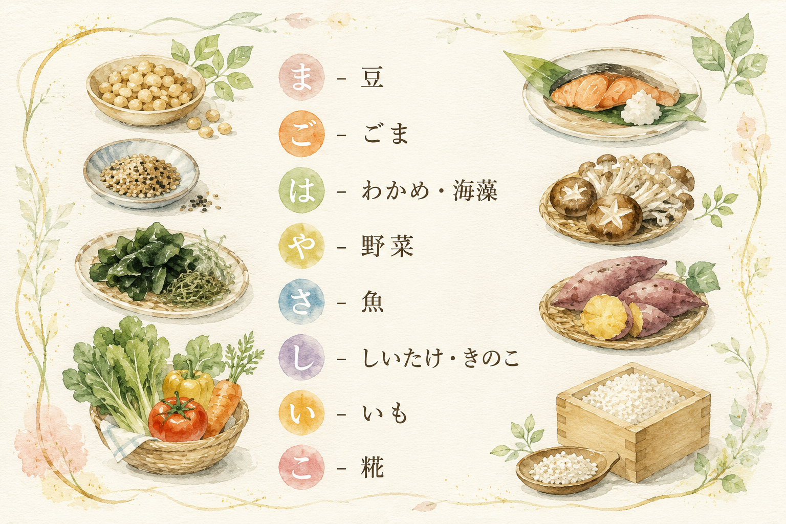 まごはやさしいこ ま豆 ごごま はわかめ海藻 や野菜 さ魚 ししいたけきのこ いいも こ糀